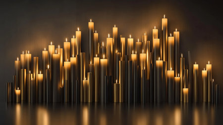 This image showcases a stunning arrangement of lit candles, creating a warm and serene atmosphere ideal for relaxation or meditation. The gentle flicker of the flames adds depth and elegance to any setting.の素材