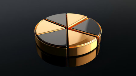 A sleek golden pie chart design on a dark surface, ideal for representing business analytics, growth strategies, and financial presentations.の素材