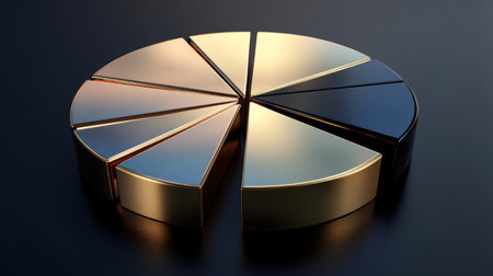 This stunning metallic pie chart showcases segments in gold and black. Ideal for business, finance, or data analysis projects with a modern touch.の素材