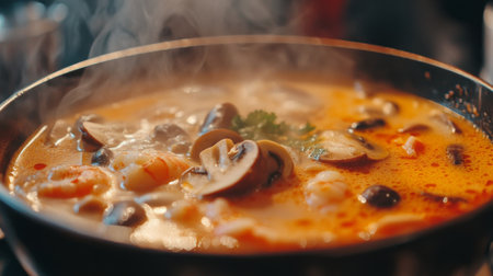 A steaming pot of spicy seafood soup showcases vibrant colors and rich textures, highlighting fresh ingredients and appetizing aromas in a cozy kitchen setting.の素材