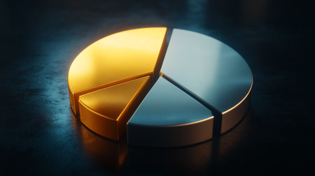 A sleek and modern pie chart design featuring gold and silver segments against a dark background, perfect for business presentations or data visualizations.の素材