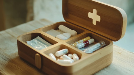 This image features a stylish wooden first aid kit open to reveal assorted medical supplies. Organized compartments showcase pills and bandages essential for home safety and health care.の素材