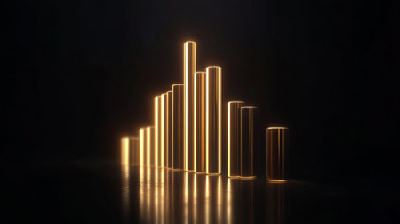 A stunning arrangement of golden bars reflecting light on a dark surface, symbolizing growth and success in business and investment fields.の素材