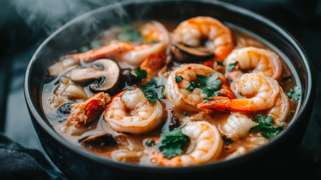 A flavorful bowl of shrimp soup with fresh herbs and mushrooms, perfect for any occasion. This steaming dish is a delightful combination of textures and tastes.の素材