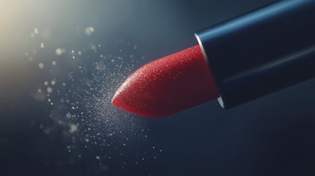 A striking close-up of vibrant red lipstick with a sparkling effect, perfect for beauty and makeup themes, showcasing elegance and style.の素材