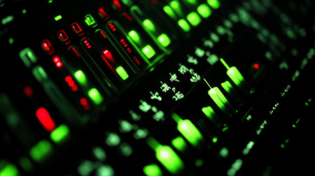 A close-up view of a colorful audio mixer showcasing vibrant red and green lights, controls, and buttons, emphasizing modern sound technology in a dynamic environment.の素材