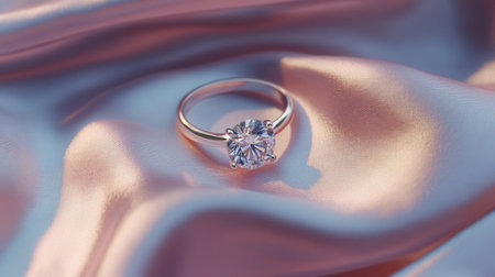 A stunning diamond ring sits elegantly on a smooth satin surface, capturing light and creating a sense of luxury and romance perfect for any special occasion.の素材