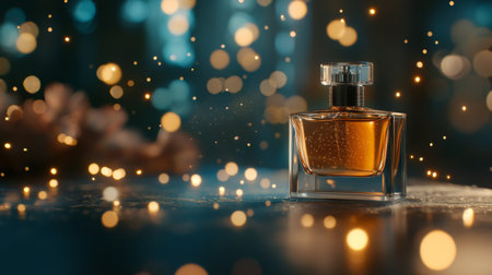 A captivating perfume bottle stands elegantly on a wooden table, surrounded by a magical bokeh of shimmering lights. Ideal for beauty and lifestyle themes.の素材