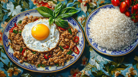 A vibrant Thai-style rice bowl featuring succulent meat topped with a fried egg, fresh basil, and chili peppers, accompanied by a serving of fluffy rice.の素材