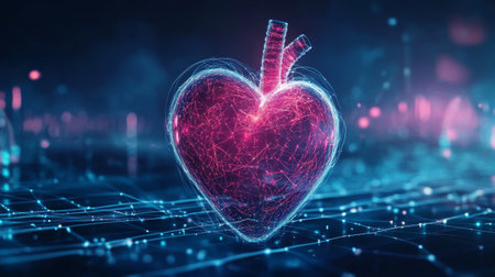 A captivating abstract representation of a heart formed with digital connections and glowing lines. Perfect for themes of technology, love, and health.の素材
