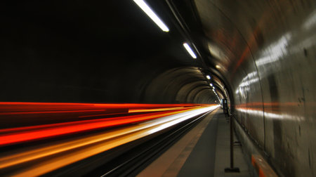 Captivating view of a subway tunnel showcasing vibrant light trails from passing trains, illustrating the energy and motion of urban travel.の素材