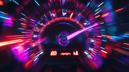 A vibrant abstract depiction of speed featuring a blurred speedometer, showcasing dynamic colors and lights that evoke a sense of movement and energy.の素材