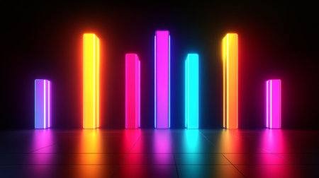 Bright and colorful neon rectangles create a stunning modern visual against a dark background, perfect for artistic and technology-themed projects.の素材