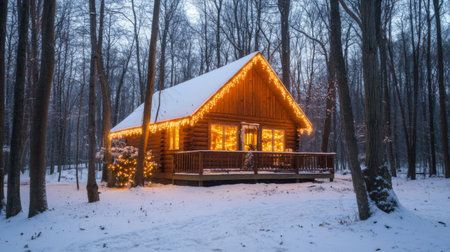 A charming log cabin surrounded by snow-covered trees, beautifully illuminated with warm lights, creates a serene winter wonderland atmosphere perfect for cozy getaways.の素材