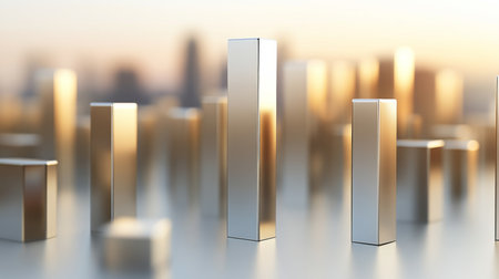 This abstract image features shiny golden columns set against a blurred cityscape, creating a modern and elegant atmosphere ideal for various creative projects.の素材