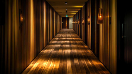 A beautifully designed hotel corridor featuring warm lighting and wooden floors, creating a tranquil and inviting atmosphere for guests. Ideal for showcasing luxury interiors.の素材