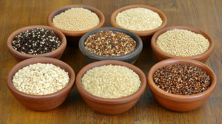 A collection of assorted grains displayed in ceramic bowls on a rustic wooden table. Ideal for showcasing healthy food options, cooking ingredients, or nutrition themes.の素材