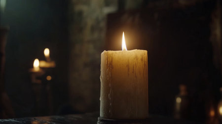 A close-up of a flickering candle in a dark room, creating a warm and serene atmosphere. The soft glow of the flame evokes feelings of tranquility and reflection.の素材