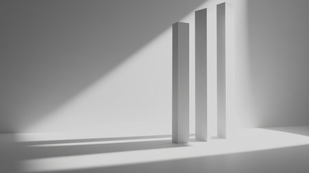 A minimalist composition featuring three vertical white columns casting long shadows. The interplay of light and shadow creates a striking visual contrast, showcasing elegance and simplicity.の素材