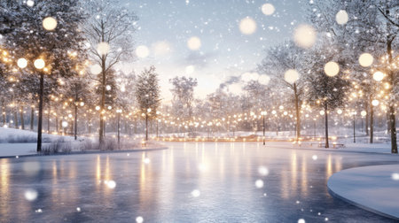A stunning winter landscape featuring a frozen lake, snowflakes gently falling, and beautiful lights strung across trees, creating a magical ambiance.の素材
