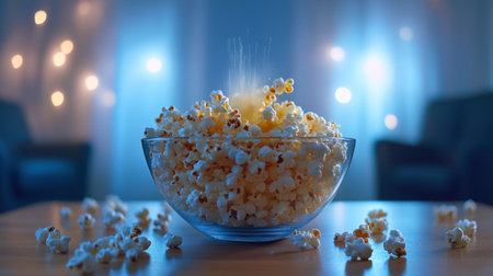 A vibrant bowl of popcorn rests on a table, surrounded by scattered kernels and soft blue lights in the background, creating a cozy atmosphere perfect for movie night.の素材