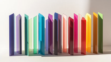 A vibrant display of colorful transparent acrylic sheets arranged in a captivating pattern, showcasing light and shadow interplay for a modern, artistic look.の素材