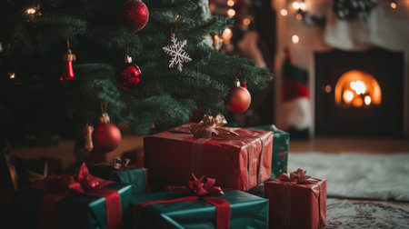 A beautifully decorated Christmas tree surrounded by colorful wrapped gifts, creating a warm and festive atmosphere perfect for holiday celebrations.の素材
