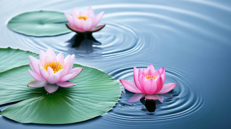 Beautiful pink lotus flowers gracefully float on calm water, surrounded by vibrant green lily pads, creating a serene and tranquil nature scene.の素材
