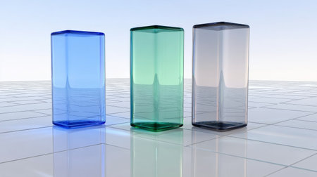Three colorful hexagonal glass objects positioned on a reflective surface, showcasing unique shapes and transparency in a modern and artistic environment.の素材