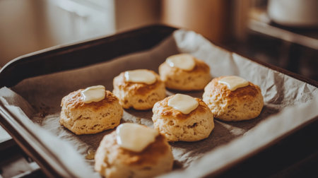 A delightful image of freshly baked scones topped with butter, resting on a baking tray. Perfect for breakfast or afternoon tea, these golden treats are inviting and delicious.の素材
