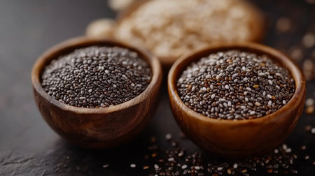 Two wooden bowls filled with black chia seeds on a dark surface. These nutritious seeds are perfect for various healthy recipes and snacks.の素材