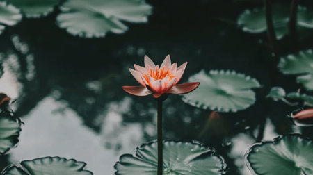 A stunning water lily blooms gracefully above a calm pond surface, surrounded by vibrant green leaves. The scene captures nature's tranquility and beauty.の素材