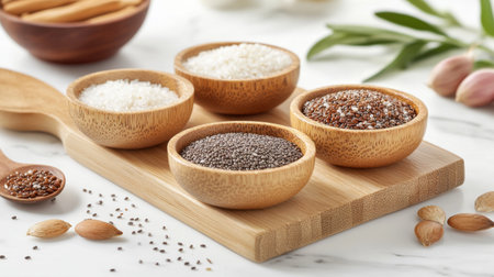 A beautiful arrangement of assorted spices in wooden bowls on a cutting board, perfect for culinary enthusiasts. Great for food photography and kitchen decor.の素材