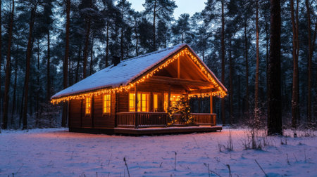 A charming cabin surrounded by a snowy forest, beautifully illuminated with festive lights and a Christmas tree, creating a warm and cozy holiday atmosphere.の素材