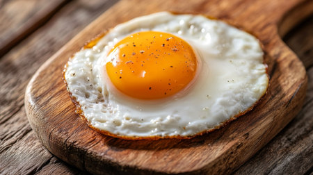 A freshly cooked egg with a vibrant yolk, resting on a rustic wooden surface. Ideal for food photography, showcasing breakfast or healthy meal options.の素材