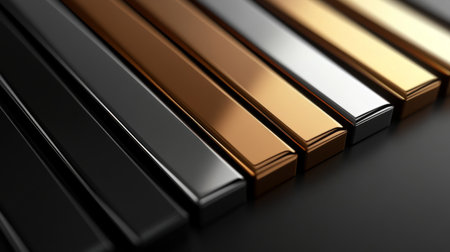 A close-up view of sleek metallic bars in varying colors, showcasing a modern and artistic composition. Ideal for designs emphasizing luxury and elegance.の素材
