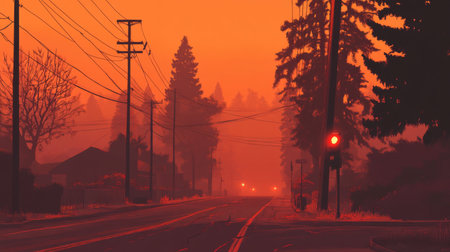 A serene road scene illuminated by a vibrant orange sunset, highlighting trees and powerlines, creating a calm and tranquil atmosphere.の素材