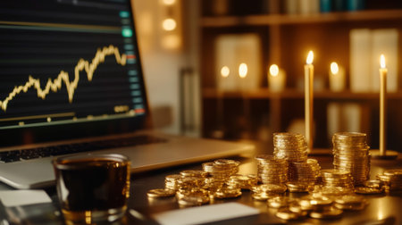 A warm and inviting workspace showcasing financial growth with coins, a laptop displaying stock trends, and glowing candles, perfect for business inspiration.の素材