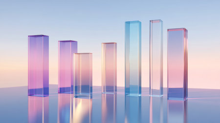 Vibrant glass bars in various heights create an artistic arrangement on a reflective surface, blending pastel hues at sunset, evoking beauty and tranquility.の素材