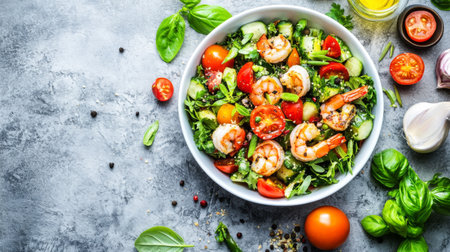 A vibrant bowl of fresh shrimp salad featuring colorful tomatoes, greens, and basil. Perfect for a healthy meal or a refreshing appetizer.の素材