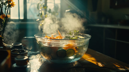 A vibrant bowl of steaming vegetables sits in a sunlit kitchen, showcasing fresh ingredients and a serene culinary atmosphere, perfect for healthy cooking.の素材