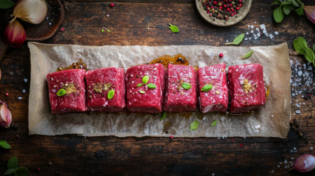 Freshly cut beef pieces displayed on a rustic wooden surface, garnished with herbs and spices, ideal for culinary creations or gourmet dishes.の素材
