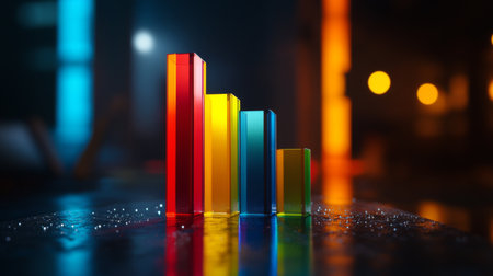 A vibrant bar graph stands out against an abstract background featuring colorful lights, symbolizing data analysis and business growth in a modern setting.の素材