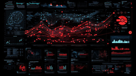 A dynamic data visualization featuring red and blue elements, showcasing graphs and analytics on a digital interface. Ideal for tech and data themes.の素材