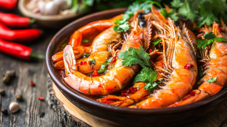 Enjoy this beautifully arranged platter of juicy grilled shrimp, garnished with fresh herbs and spices. A perfect dish for culinary enthusiasts!の素材