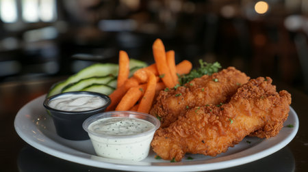 A delicious plate featuring crispy fried fish alongside fresh carrots and cucumbers, served with creamy sauces for dipping, perfect for any meal.の素材