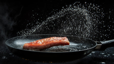 A vibrant image of steak sizzling in a hot pan, creating a splash of water droplets. Perfect for culinary themes, showcasing the art of cooking.の素材