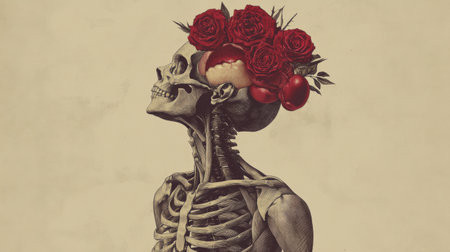 This captivating artwork features a skeleton adorned with roses and apples, blending anatomical detail with elements of nature. It symbolizes beauty and decay.の素材