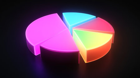 Vibrant pie chart design against a dark background, perfect for data analysis and business presentations. Ideal for marketing and finance visuals.の素材