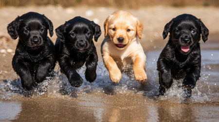 A joyful scene of playful puppies splashing through water, showcasing their energetic leaps and delightful expressions. Perfect for pet lovers!の素材